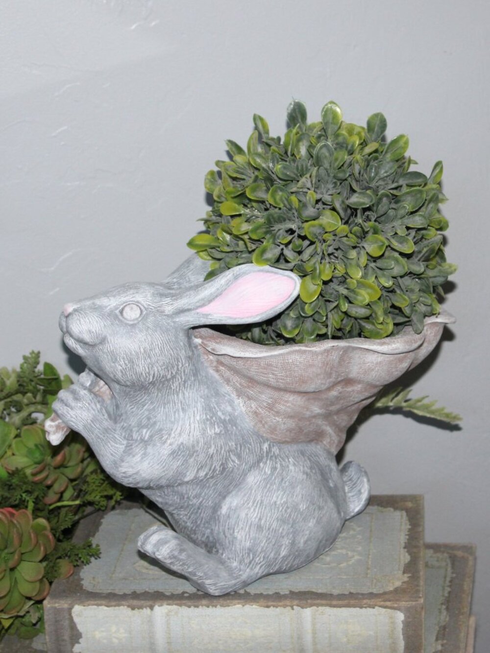 Adorable Shabby Frosted Gray French Country Bunny Rabbit Bowl Dish